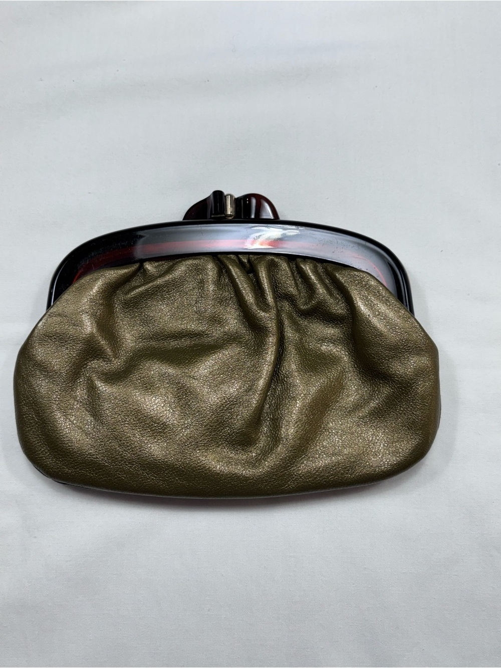 Vintage Italian Genuine Leather Metallic Gold Kiss-Lock Clutch Purse - Picture 3 of 16